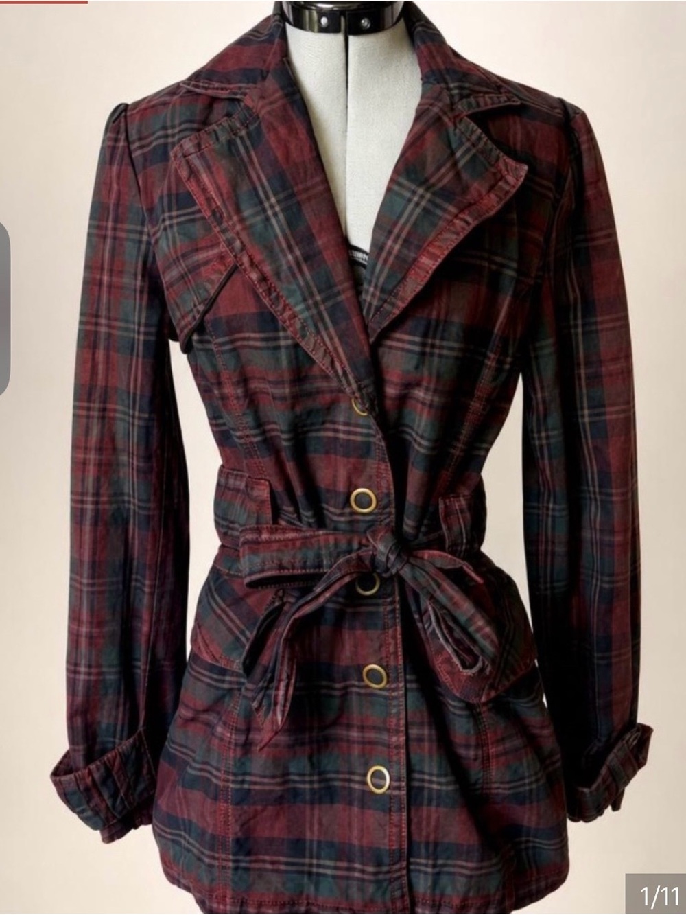 Zara Cotton Plaid Belted Trench Coat, Brass Snaps, back flap, S, EUC